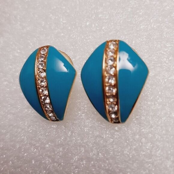 VENDOME Signed Vintage Turquoise Blue Enamel Post Earrings & Rhinestones Jewelry - Picture 5 of 14